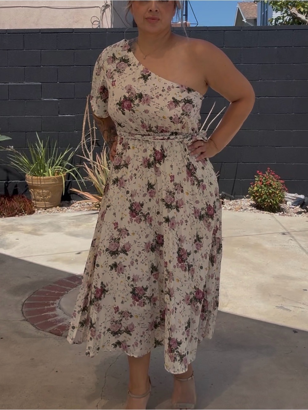 Floral One-Shoulder Midi Dress in Cream with Pink Roses